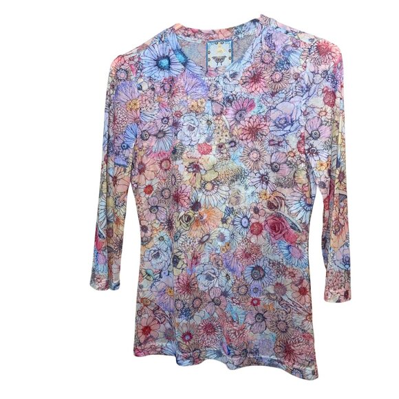 Johnny Was Womens Size Small Crewneck Multicolor Floral Mid-Sleeve Tee Casual - Picture 7 of 8